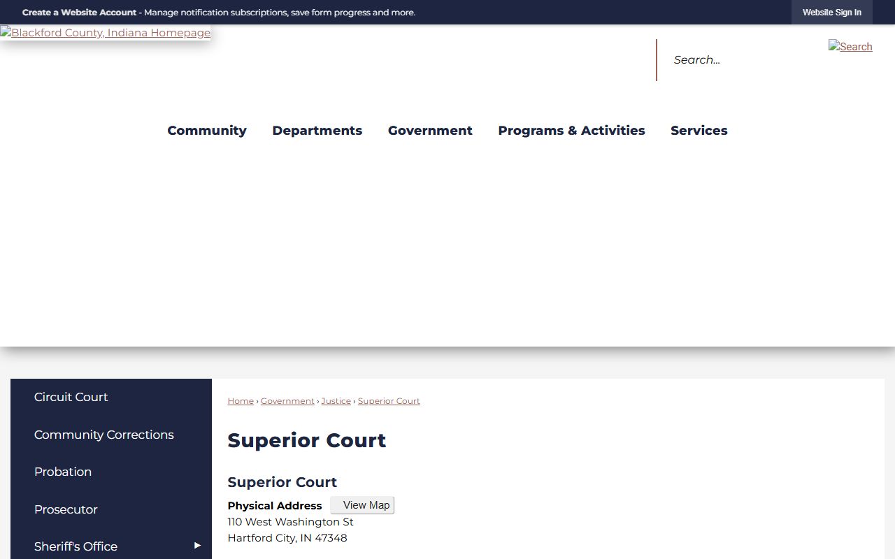 Blackford County Superior Court contact page for courthouse address and phone information