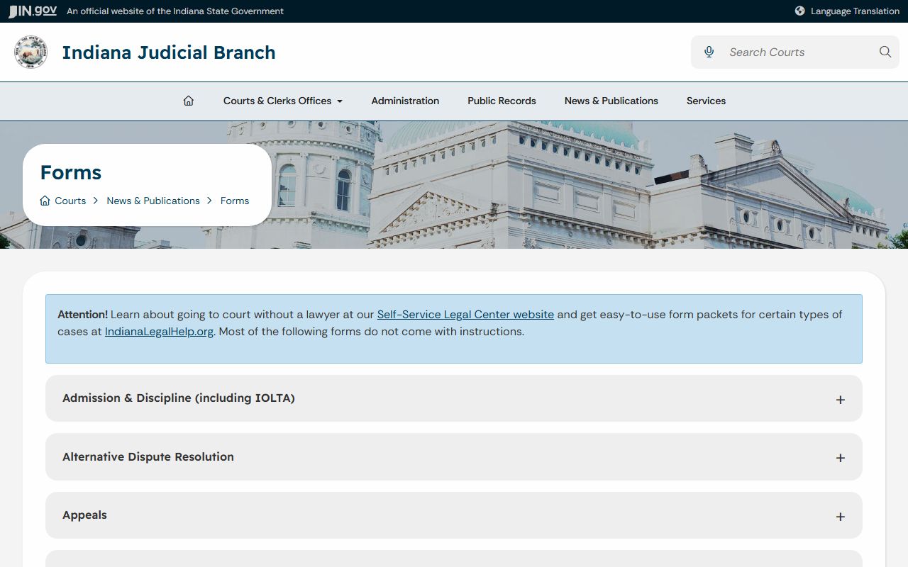 Indiana Judicial Branch court forms page used for Blackford County Clerk filing resources