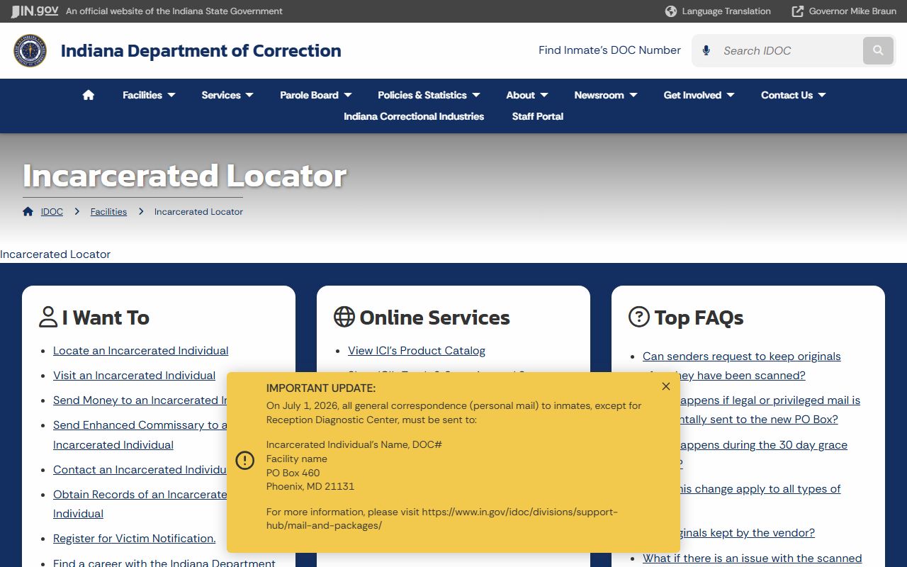 IDOC offender locator explainer page
