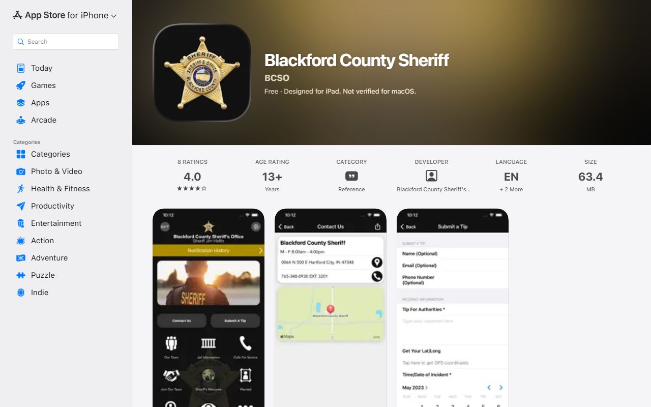 Blackford County Sheriff app listing on the Apple App Store