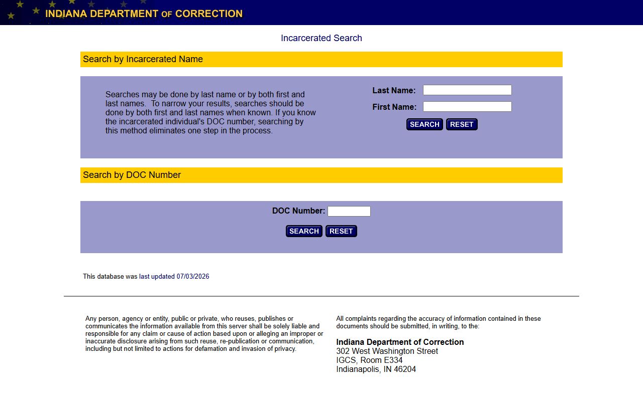 Indiana Department of Correction offender locator search