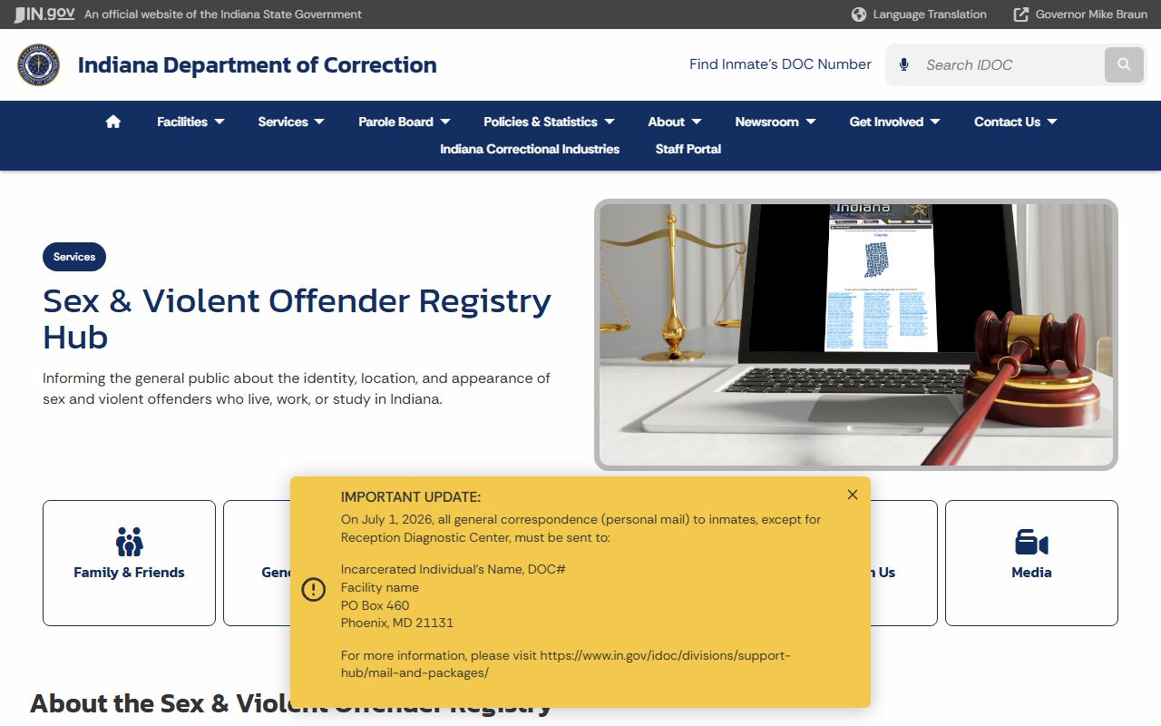 Indiana DOC sex and violent offender registry page
