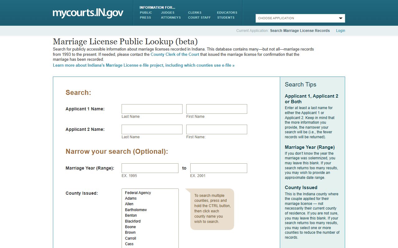 Indiana Marriage License Public Lookup search fields for Blackford County marriage records