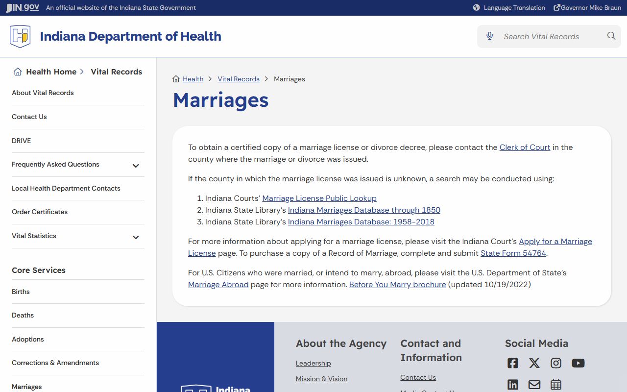 Indiana Department of Health marriage and divorce certified copy guidance