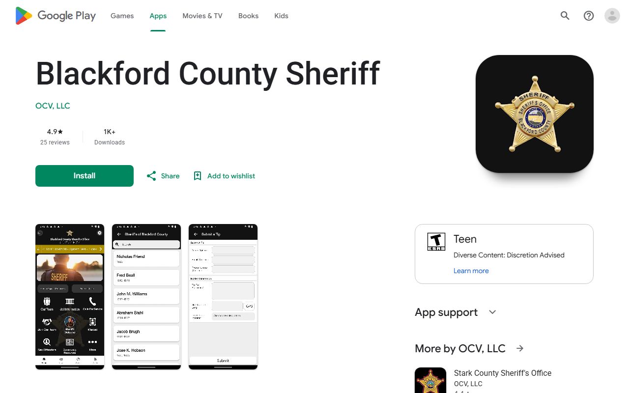 Blackford County warrant records Sheriff app listing